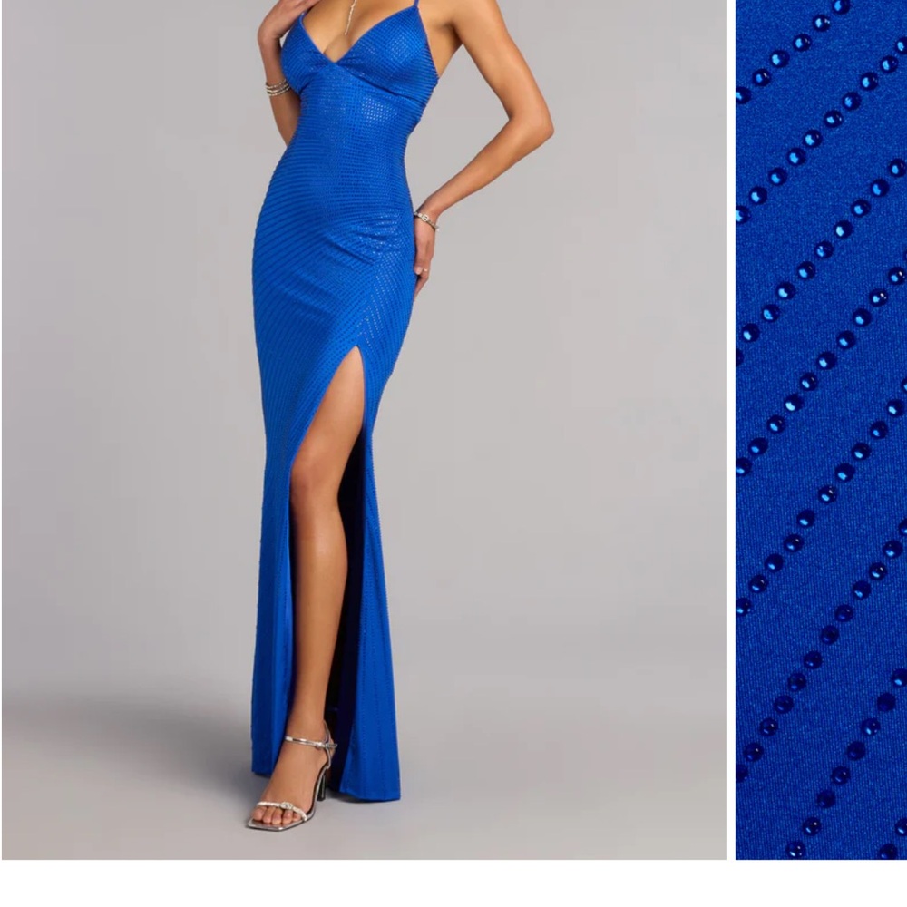 Windsor Cobalt Blue Beaded Spaghetti-Strap Maxi Dress with Thigh Slit